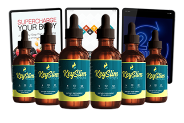 Sealed bottle of KeySlim Drops liquid weight loss supplement on a table